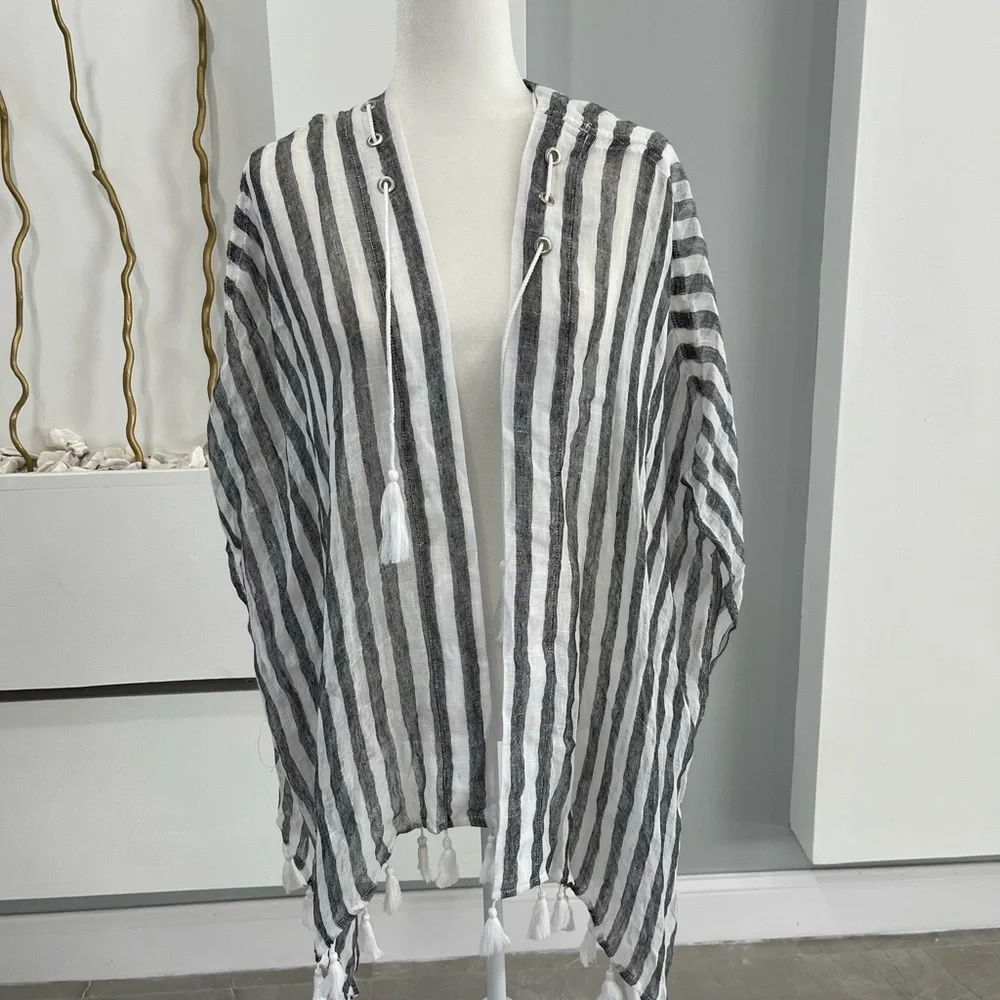 Chico's Black and White Striped Tassel Throw